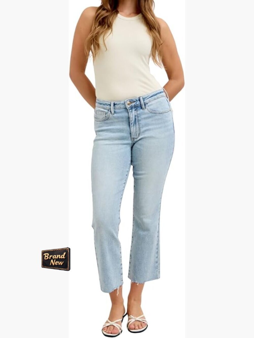 Mid Rise Light Wash Kick Flare Jeans 27" Inseam Stretch Denim Raw Hem